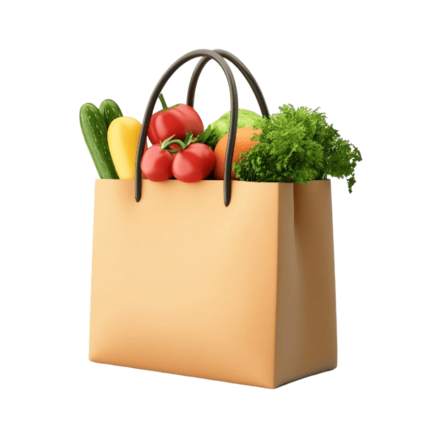A medium sized paper bag full of vegetables and fruits