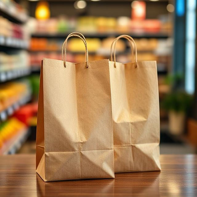Two large paper bags standing side by side in a supermarket